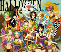  6+girls amazon_warrior annotated bangle bat_(animal) black_hair blonde_hair blue_hair boa_hancock bracelet breasts bubble_skirt camie_(one_piece) candy cleavage commentary_request conis_(one_piece) crop_top earrings food food-themed_hair_ornament ghost glasses green_hair hair_ornament halloween himerinco horns jack-o&#039;-lantern jewelry jewelry_bonney kaya_(one_piece) large_breasts lollipop long_hair marguerite_(one_piece) mermaid midriff monster_girl moon multiple_girls nami_(one_piece) navel nefertari_vivi nico_robin o-ring o-ring_top one_piece orange_hair perona photoshop_(medium) pink_hair profile pumpkin pumpkin_hair_ornament pumpkin_hat sideboob skirt striped_clothes striped_thighhighs tail tashigi thighhighs 