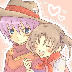  artist_request blue_eyes blush brown_hair closed_eyes cowboy_hat harvest_moon harvest_moon:_magical_melody hat jamie_(harvest_moon) lowres poncho purple_hair tina_(harvest_moon) 