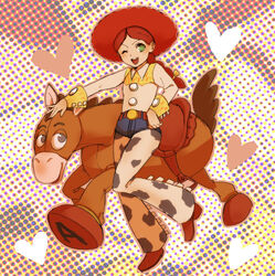  animification braid bullseye_(toy_story) commentary_request cowboy_hat cowboy_western cowgirl_(western) female halftone halftone_background hat jessie_the_yodeling_cowgirl long_hair maron_(8059love) one_eye_closed open_mouth red_hair toy_story 