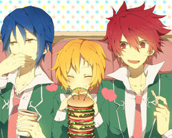  2boys agemaki_wako bad_id bad_pixiv_id blonde_hair blue_hair burger closed_eyes covering_own_mouth cup drink eating female food food_on_face french_fries heart holding looking_away multiple_boys necktie red_eyes red_hair school_uniform shigure_wasa shindou_sugata short_hair southern_cross_academy_school_uniform star_(symbol) star_driver starry_background sweatdrop too_much_burger tsunashi_takuto yellow_eyes 