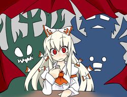  bow caved_(touhou) commentary_request female fujiwara_no_mokou hairbow horns kamishirasawa_keine morichika_rinnosuke red_eyes sag_(karehabase) sharp_teeth silhouette teeth touhou white_hair 