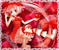  apple blush boots bow brown_eyes commentary_request dress female food fruit hello_kitty hello_kitty_to_issho! holding holding_food holding_fruit long_hair nekomura_iroha photoshop_(medium) pink_hair sanrio solo very_long_hair vocaloid yyukke 