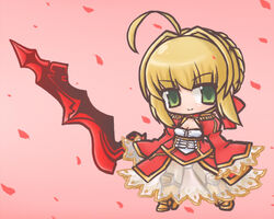  aestus_estus ahoge blonde_hair chibi commentary_request dress fate/extra fate_(series) female green_eyes nero_claudius_(fate) nero_claudius_(fate/extra) onmitsu_doushin_a petals rose_petals see-through solo sword weapon 