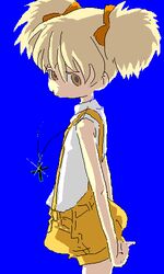  21_(198721) blonde_hair blue_background brown_eyes commentary_request cross dress female hatchin_morenos lolicon lowres michiko_to_hacchin ribbon shorts solo suspenders twintails 