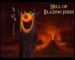  alteigramme barad-dur black_wings commentary english_commentary english_text eye_of_sauron fire hell mordor no_humans outdoors parody photoshop_(medium) reiuji_utsuho sauron the_lord_of_the_rings tolkien&#039;s_legendarium touhou tower translated unyu volcano wings 