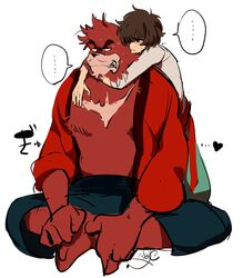  ... 2boys animal_ears artist_name bad_id bad_pixiv_id bakemono_no_ko bear_boy bear_ears blush brown_fur brown_hair butterfly_sitting furry furry_male hug hug_from_behind kumatetsu kyuuta_(bakemono_no_ko) male_focus multiple_boys sameyama_jiro sitting spoken_ellipsis sweat white_background 