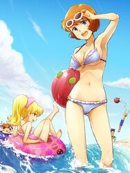  2girls 3boys beach bikini black_hair blonde_hair blue_eyes blush breasts brown_hair chargeman_ken! delinquent_(chargemen_ken!) hoshi-kun izumi_caron izumi_ken junjururin multiple_boys multiple_girls nagisa-sensei open_mouth ponytail short_hair smile summer swimsuit underboob water 