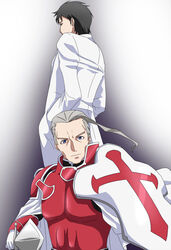  2boys armor black_hair blue_eyes commentary_request grey_hair heathcliff_(sao) holding holding_shield holding_sword holding_weapon kayaba_akihiko knight knights_of_blood_uniform_(sao) lab_coat liberator_(sao) long_hair multiple_boys red_armor shield short_hair shoulder_armor spoilers sword sword_art_online unsheathed upper_body weapon yoshida_keiji 