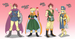  2boys 2girls alternate_costume beatrice_(umineko) black_battler blonde_hair blue_eyes bodysuit boots cape commentary_request cosplay dragon_quest dragon_quest_iii dress dual_persona fighter_(dq3) fighter_(dq3)_(cosplay) flower hair_bun hair_down hair_flower hair_ornament hat headband hero_(dq3) mace mage_(dq3) mage_(dq3)_(cosplay) multiple_boys multiple_girls orange_bodysuit photoshop_(medium) priest_(dq3) priest_(dq3)_(cosplay) red_eyes red_hair rose roto_(dq3) roto_(dq3)_(cosplay) shield single_hair_bun smile sousui_hani staff sword tabard translated umineko_no_naku_koro_ni ushiromiya_battler weapon 