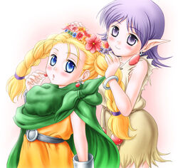  2girls :o aged_down bella_(dq5) bianca_(dq5) blonde_hair blue_eyes blush bracelet braid cape commentary_request dragon_quest dragon_quest_v earrings flower head_wreath jewelry long_hair multiple_girls pointy_ears purple_eyes purple_hair shimusu short_hair smile twin_braids 