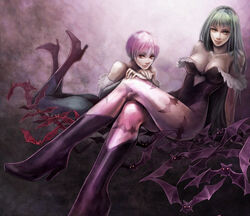  2girls animal_print bare_shoulders bat_(animal) bat_print boots breasts cleavage commentary_request crossed_legs demon_girl elbow_gloves fingerless_gloves gloves green_eyes green_hair high_heels large_breasts leotard lilith_aensland long_hair morrigan_aensland multiple_girls pantyhose print_pantyhose purple_hair red_eyes shoes short_hair siblings sitting tetra_takamine vampire_(game) 