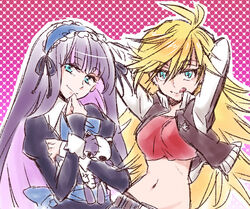  2girls arata_iri belt blonde_hair blue_eyes crop_top gothic_lolita hairband honekoneko_(psg) jacket lolita_fashion long_sleeves midriff multicolored_hair multiple_girls navel panty_&amp;_stocking_with_garterbelt panty_(psg) siblings sisters smile stocking_(psg) stuffed_toy tongue two-tone_hair 