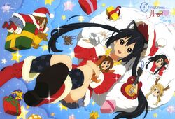  5girls absurdres akiyama_mio animage animal_costume animal_ears antlers black_eyes black_hair blonde_hair blue_eyes blush_stickers boots bow brown_eyes cat_ears chibi christmas gift guitar hat highres hirasawa_yui horns instrument k-on! kadowaki_miku kneehighs kotobuki_tsumugi long_hair mini_person minigirl miura_rina multiple_girls nakano_azusa official_art open_mouth print_socks reindeer_costume sack santa_boots santa_costume santa_hat scan short_hair smile socks star_(symbol) star_print tainaka_ritsu takeuchi_yukiko ton-chan turtle twintails umetsu_tetsurou very_long_hair 