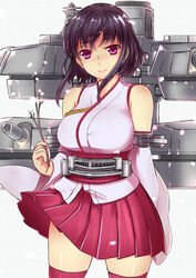  bad_id bad_pixiv_id black_hair blouse branch breasts cannon chiha_(abo_ecm_mk25) detached_sleeves female hair_ornament highres japanese_clothes kantai_collection large_breasts lips machinery nontraditional_miko obi red_eyes red_skirt sash searchlight shirt short_hair skirt skirt_set smokestack solo turret white_background wide_sleeves wristband yamashiro_(kancolle) 