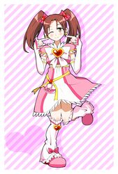  aczhalz blush boots brooch brown_eyes brown_hair commentary_request cosplay earrings female full_body futari_wa_precure hair_ribbon heart heart_brooch jewelry knee_boots minna-dietlinde_wilcke one_eye_closed precure ribbon shiny_luminous shiny_luminous_(cosplay) solo standing standing_on_one_leg strike_witches tanaka_rie twintails voice_actor_connection world_witches_series 