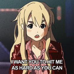  :o blonde_hair blue_eyes blurry blush chestnut_mouth collared_shirt cosplay depth_of_field drawfag english_text female fight_club injury jacket k-on! kotobuki_tsumugi long_hair looking_at_viewer meme open_clothes open_jacket open_mouth parody photoshop_(medium) round_teeth scene_reference serious shirt sidelocks solo subtitled teeth thick_eyebrows tyler_durden tyler_durden_(cosplay) upper_body v-shaped_eyebrows 