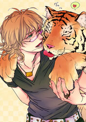  1boy barnaby_brooks_jr. blonde_hair commentary_request glasses green_eyes heart k-996 one_eye_closed shirt spoken_heart t-shirt tiger tiger_&amp;_bunny 