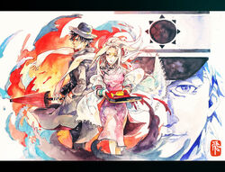  1boy black_hair chinese_clothes chinese_commentary commentary emblem emiya_kiritsugu fate/zero fate_(series) fedora female fire hat irisviel_von_einzbern kuomintang long_hair painting_(medium) red_eyes scarf shenzhideng taiwan traditional_media umbrella watercolor_(medium) white_hair 