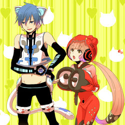  1boy age_difference animal_ears animal_helmet bodysuit cat_ears commentary_request couple creamyya detached_sleeves female hello_kitty helmet highres kaito_(vocaloid) long_hair neko_cyber_(module) nekomura_iroha project_diva_(series) project_diva_2nd sanrio straight tail very_long_hair vocaloid 