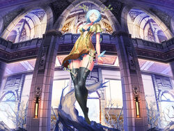  blue_hair dress garter_belt horns jongmin original stockings 