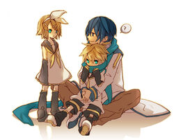  2boys :t ? aqua_hair blonde_hair blue_eyes blue_hair commentary_request female hair_ornament hair_ribbon hairclip kagamine_len kagamine_rin kaito_(vocaloid) kuusou_ryodan lolicon multiple_boys photoshop_(medium) ribbon scarf shared_clothes shared_scarf short_hair simple_background smile tears vocaloid 