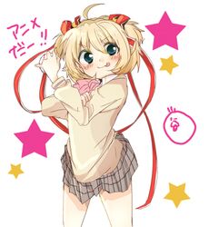  blonde_hair blue_eyes bow commentary_request female kamikita_komari little_busters! lowres natsu_(norari_kurari) pink_bow plaid plaid_skirt ribbon school_uniform short_hair skirt solo tongue tongue_out 