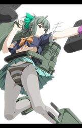  bow bowtie breasts brown_eyes commentary_request female grey_hair hair_ribbon highres jumping kantai_collection letterboxed machinery medium_breasts orange_bow orange_bowtie panties pantyhose pantyshot ponytail ribbon solo striped_clothes striped_panties torpedo turret underboob underwear wristband wrwr yuubari_(kancolle) 