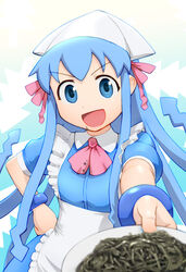  :d apron black_spaghetti blue_eyes blue_hair blurry bow bracelet commentary_request depth_of_field female food foreshortening hairbow hand_on_own_hip ikamusume ink jewelry long_hair open_mouth pasta plate shinryaku!_ikamusume smile solo spaghetti tentacle tentacle_hair ueyama_michirou waitress 