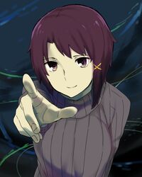  asymmetrical_hair bad_id bad_pixiv_id female hair_ornament hair_ribbon hairclip iwakura_lain pointing purple_eyes purple_hair ribbon serial_experiments_lain smile solo sweater tadataka turtleneck 