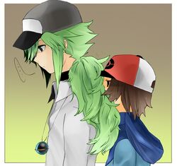  ... 2boys baseball_cap black_(pokemon) black_eyes brown_hair green_eyes hair_sniffing hat jewelry long_hair multiple_boys n_(pokemon) necklace pokemon pokemon_(game) pokemon_black_and_white pokemon_bw ponytail short_hair simple_background touya_(pokemon) 