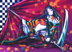  black_hair boots bow braid breasts cleavage commentary_request covered_nipples cross-laced_footwear demon_tail female fingernails food-themed_hair_ornament genderswap_(mtf) hair_ornament hakoiri_nekohime halloween high_heels highres jack-o&#039;-lantern lace-up_boots large_bow legs long_fingernails long_hair medium_breasts moira no_panties photoshop_(medium) pumpkin pumpkin_hair_ornament purple_eyes rule_63 scythe shoes solo sound_horizon tail thanatos_(sound_horizon) thigh_boots thighhighs very_long_hair weapon 