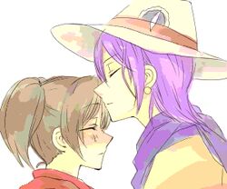  artist_request brown_hair closed_eyes couple cowboy_hat earring earrings forehead_kiss harvest_moon harvest_moon:_magical_melody hat jamie_(harvest_moon) jewelry kissing lowres purple_hair tina_(harvest_moon) twintails 