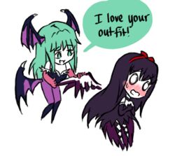  2girls akemi_homura akuma_homura blush chibi crossover demon_girl english_text full-face_blush grabbing_another&#039;s_wing head_wings leotard long_hair low_wings mahou_shoujo_madoka_magica mahou_shoujo_madoka_magica:_hangyaku_no_monogatari morrigan_aensland multiple_girls o_o pantyhose purple_wings roman_imperial spoilers sweatdrop vampire_(game) wings 