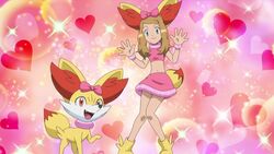  animal_ears blonde_hair cosplay fake_animal_ears fennekin fennekin_(cosplay) midriff navel pokemon pokemon_(anime) pokemon_(game) pokemon_xy ribbon screencap serena_(pokemon) skirt 