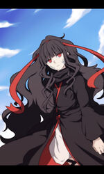  azami_(kagerou_project) black_hair chiyozaka commentary_request female kagerou_project letterboxed long_hair red_eyes ribbon scales slit_pupils very_long_hair 