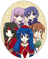  5girls :d blue_eyes blue_hair blush breasts brown_hair capelet cloak commentary_request fire_emblem fire_emblem:_the_binding_blade green_eyes green_hair headband headdress holding_hands interlocked_fingers larum_(fire_emblem) lilina_(fire_emblem) long_hair lowres medium_breasts miyako_(mongcocoa) multiple_girls open_mouth purple_eyes purple_hair shanna_(fire_emblem) short_hair smile sophia_(fire_emblem) sue_(fire_emblem) 