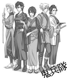  1boy 4girls bandage_over_one_eye commentary_request genderswap_(ftm) genderswap_(mtf) gintama glasses greyscale gun katana kawakami_bansai kiichi_(9ta) kijima_matako kiseru monochrome multiple_girls nizou_okada ponytail rule_63 sheath sheathed smoking_pipe sword takasugi_shinsuke takechi_henpeita weapon 