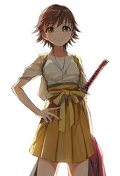  bad_id bad_pixiv_id brown_eyes brown_hair closed_mouth collarbone female hakama hakama_short_skirt hakama_skirt hand_on_own_hip highres honda_mio idolmaster idolmaster_cinderella_girls japanese_clothes katana kisetsu looking_at_viewer orange_hakama sarashi short_hair short_sleeves simple_background skirt smile solo sword tasuki weapon white_background yellow_skirt 