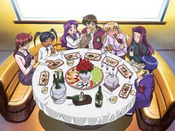  6+boys ai_yori_aoshi alcohol black_hair blonde_hair blue_hair bob_cut champagne eating everyone feast female food game_cg glasses hanabishi_kaoru harem indoors japanese_clothes kagurazaka_miyabi kagurazaki_miyabi kimono long_hair minazuki_chika minazuki_taeko miyuki_mayu multiple_boys purple_hair sakuraba_aoi short_hair tina_foster twintails 