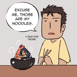  1boy artist_self-insert black_hair chibi chopsticks commentary english_commentary english_text female food in_food john_su long_hair lowres mini_person minigirl monster_girl noodles original ramen shrimp shrimp_girl 