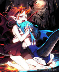  2girls bad_id bad_pixiv_id barefoot blue_hair blush bottomless breasts closed_eyes crying dragon_girl dragon_horns dragon_tail dragon_wings dress fangs feet holding horns hug len_(a-7) medium_breasts monster_girl multiple_girls open_mouth photoshop_(medium) pointy_ears red_eyes scar shingeki_no_bahamut short_hair sideboob sitting tail tears twin_prisoner_flame twin_prisoner_glass watermark weapon wings 