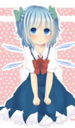  absurdres alternate_hairstyle alternative_hairstyle blue_eyes blue_hair blush bow cirno dress female highres ice ice_wings ribbon sitting solo touhou wings 