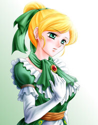  blonde_hair blush bow commentary_request dragon_quest dragon_quest_ix dress elbow_gloves female frilled_dress frills gloves green_eyes hairbow roxanne_(dq9) shimusu solo 