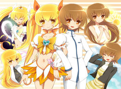  alternate_costume bad_id bad_pixiv_id blonde_hair bow brooch brown_eyes brown_hair choker cure_sunshine cure_sunshine_(super_silhouette) cure_sunshine_mirage female heart heart-shaped_pupils heart_brooch heartcatch_precure! jewelry kodamari long_hair magical_girl midriff mirage_precure multiple_persona myoudou_gakuen_middle_school_uniform myoudouin_itsuki navel orange_bow orange_choker orange_skirt precure school_uniform short_hair skirt symbol-shaped_pupils twintails yellow_bow yellow_eyes 