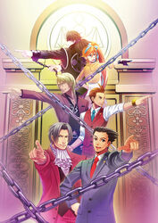  5boys apollo_justice ascot athena_cykes black_hair blonde_hair blue_necktie bracelet brown_eyes brown_hair chains coat commentary_request courtroom cuffs earrings female gloves grey_hair gyakuten_saiban hairband handcuffs high_side_ponytail highres jacket jewelry klavier_gavin long_hair miles_edgeworth multiple_boys naruhodou_ryuuichi natsu_(pixiv312174) necklace necktie painttool_sai_(medium) phoenix_wright:_ace_attorney_-_dual_destinies pointing ponytail shirt side_ponytail simon_blackquill single_glove twisted_hair vest 