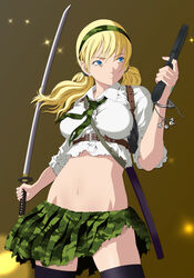  blonde_hair blue_eyes breasts btooom! camouflage camouflage_hairband camouflage_skirt commentary_request cosplay female gun hairband highres himiko_(btooom!) holster jolly_roger katana long_hair medium_breasts midriff navel necktie parody skirt sleeves_rolled_up smile_(rz) solo sucker_punch sword thighhighs torn_clothes torn_skirt twintails weapon zettai_ryouiki 