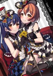  2girls :q animal_ear_legwear animal_print bad_id bad_pixiv_id bare_shoulders black_gloves black_legwear blue_hair blush brown_eyes brown_hair cafe_maid_(love_live!) cat_ear_legwear cat_print collared_shirt couch fuyuzima gloves hair_between_eyes hat highres hoshizora_rin long_hair love_live! love_live!_school_idol_project microphone microphone_stand mini_hat multiple_girls necktie shirt short_hair sleeveless sleeveless_shirt smile sonoda_umi thighhighs tongue tongue_out top_hat yellow_eyes zettai_ryouiki 