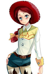  animification bad_id bad_pixiv_id blue_eyes braid contrapposto cowboy_hat cowboy_shot cowboy_western cowgirl_(western) female hand_on_own_hip hat highres jessie_the_yodeling_cowgirl kurabayashi long_hair red_hair smile solo standing toy_story white_background 