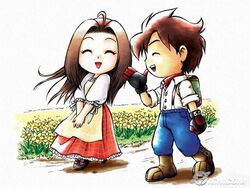  ahoge brown_hair celia_(harvest_moon) closed_eyes couple flower flowers harvest_moon harvest_moon:_a_wonderful_life jack_(harvest_moon) official_art spring 