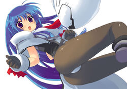  blue_eyes blue_hair bodysuit commentary_request female gloves hani_kuraun long_hair necktie open_mouth owari_no_chronicle pantyhose shinjou_sadagiri solo 